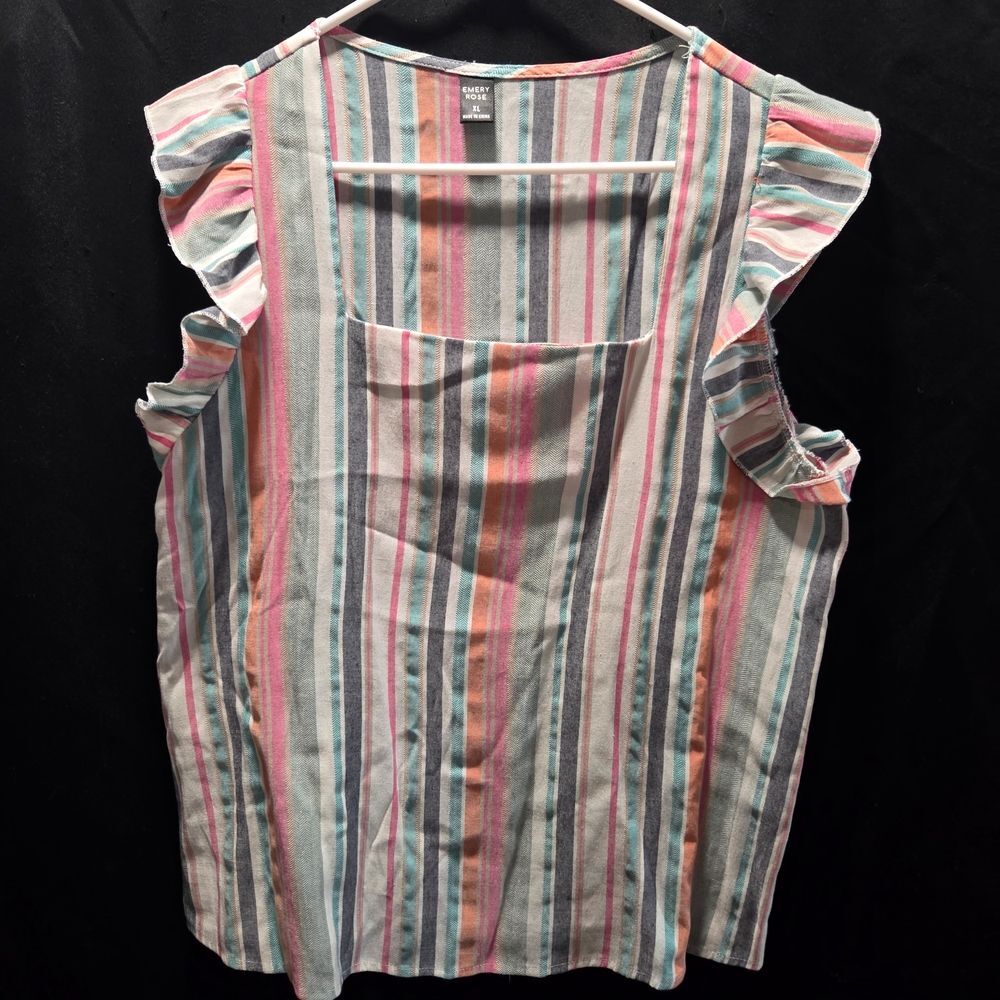 Emery Rose XL Colorful Striped Ruffle Sleeve Square Neck Pocket Blouse Top